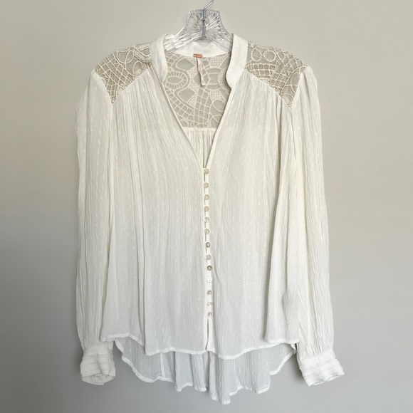 Free People White Lace Peasant Blouse Size XS Gauzy Boho Button Up Edwardian - Picture 3 of 9
